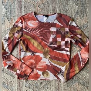 Janette Fall Floral Abstract Mesh Long Sleeve Top Vintage Y2K Phoebe Buffay-Sz M